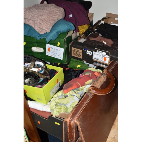 416 - SIX BOXES AND LOOSE CLOTHING AND ACCESSORIES, to include a leather briefcase bearing monogram R.J.M.... 