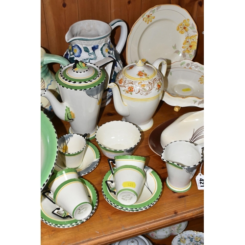 421 - A GROUP OF CERAMICS, to include a fourteen piece Art Deco Burleigh coffee set with matching wash bas... 