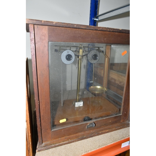 423 - THREE SETS OF SCIENTIFIC SCALES, comprising an Oertling model J10 set of scales with case (case in n... 