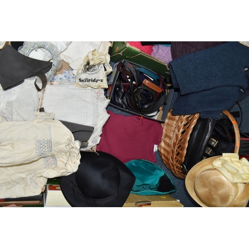 428 - SIX BOXES AND A BASKET OF VINTAGE AND MODERN CLOTHES AND ACCESSORIES, to include vintage baby dresse... 