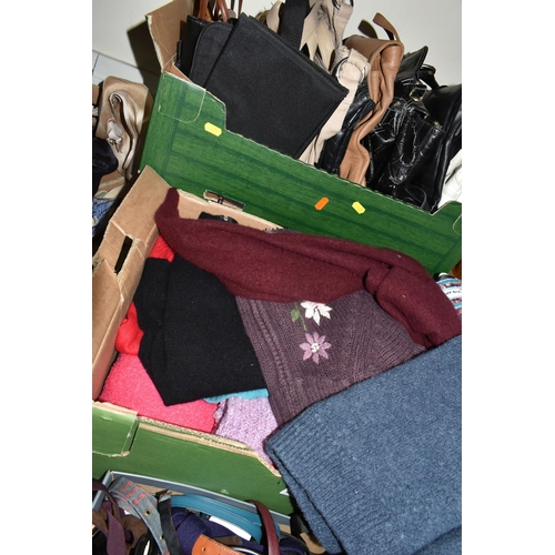 428 - SIX BOXES AND A BASKET OF VINTAGE AND MODERN CLOTHES AND ACCESSORIES, to include vintage baby dresse... 