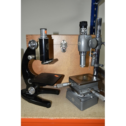 430 - TWO VINTAGE MONOCULAR MICROSCOPES, comprising a Hilger & Watts Engineers Microscope with wooden case... 