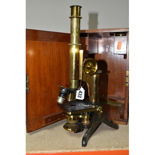 432 - A MONOCULAR COMPOUND MICROSCOPE OF BRASS CONSTRUCTION, impressed Henry Crouch London 8414 to the bas... 