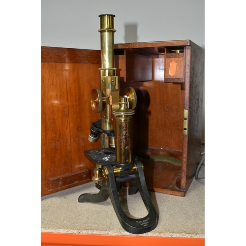 432 - A MONOCULAR COMPOUND MICROSCOPE OF BRASS CONSTRUCTION, impressed Henry Crouch London 8414 to the bas... 