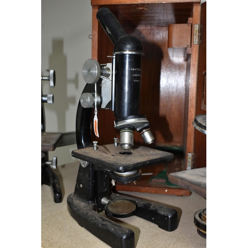 434 - THREE MONOCULAR MICROSCOPES, comprising a W. Watson & Son 'Service' microscope 100882, a Watson Barn... 