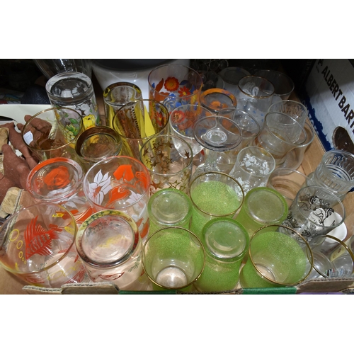 437 - THREE BOXES OF ASSORTED CERAMICS AND GLASS ETC, to include art deco style dressing table items, pres... 