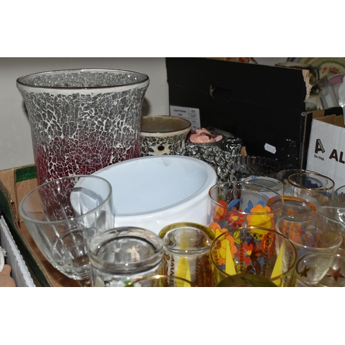 437 - THREE BOXES OF ASSORTED CERAMICS AND GLASS ETC, to include art deco style dressing table items, pres... 