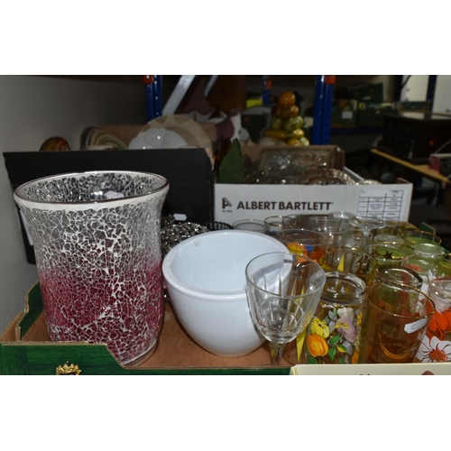 437 - THREE BOXES OF ASSORTED CERAMICS AND GLASS ETC, to include art deco style dressing table items, pres... 