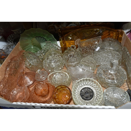 437 - THREE BOXES OF ASSORTED CERAMICS AND GLASS ETC, to include art deco style dressing table items, pres... 