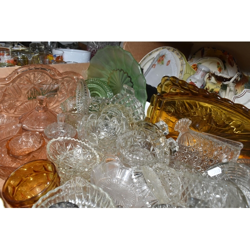 437 - THREE BOXES OF ASSORTED CERAMICS AND GLASS ETC, to include art deco style dressing table items, pres... 