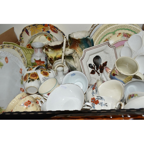 437 - THREE BOXES OF ASSORTED CERAMICS AND GLASS ETC, to include art deco style dressing table items, pres... 