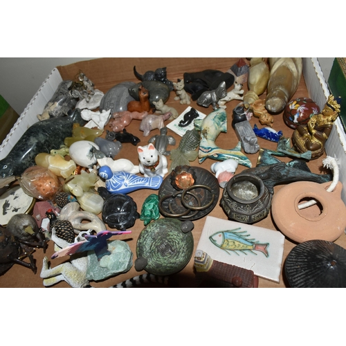 438 - THREE TRAYS AND A BOX OF ASSORTED ORNAMENTS ETC, to include a small Emile Galle pottery bowl raised ... 