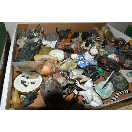 438 - THREE TRAYS AND A BOX OF ASSORTED ORNAMENTS ETC, to include a small Emile Galle pottery bowl raised ... 