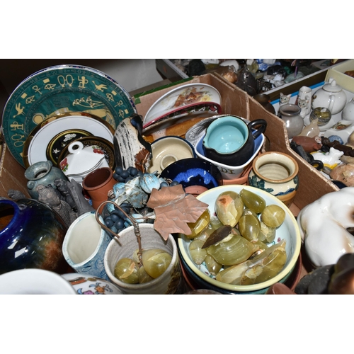 438 - THREE TRAYS AND A BOX OF ASSORTED ORNAMENTS ETC, to include a small Emile Galle pottery bowl raised ... 