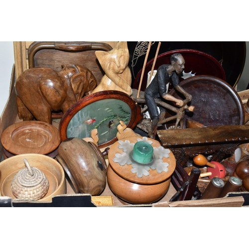 439 - THREE BOXES OF TREEN ITEMS, to include carved animals, Indian puzzle boxes in the form of a sleeping... 