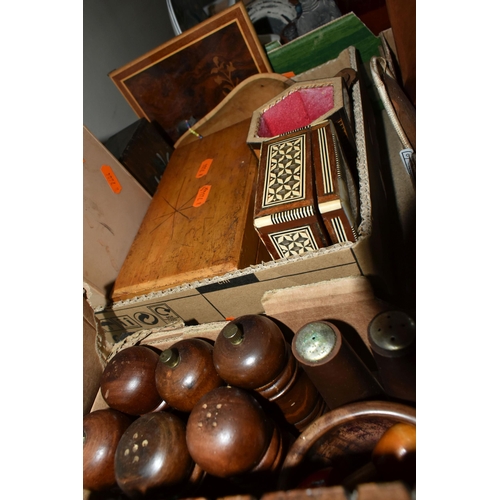 439 - THREE BOXES OF TREEN ITEMS, to include carved animals, Indian puzzle boxes in the form of a sleeping... 