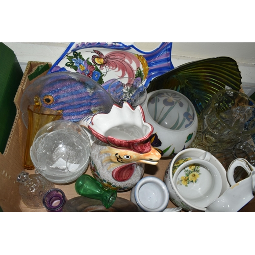 440 - FIVE BOXES AND LOOSE ASSORTED CERAMICS AND GLASS ITEMS, to include a Hornsea slipware dish, slipware... 