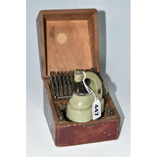 447 - A CASED WATCHMAKER'S 'FAVOURITE' STAKING TOOL SET, Swiss made, including a pale green staking tool w... 