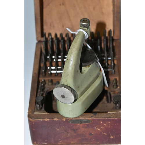 447 - A CASED WATCHMAKER'S 'FAVOURITE' STAKING TOOL SET, Swiss made, including a pale green staking tool w... 