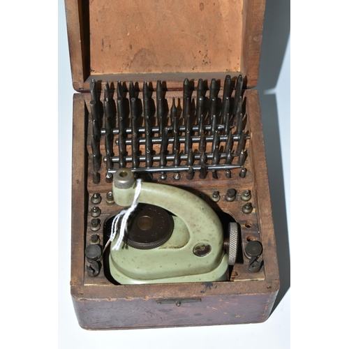 447 - A CASED WATCHMAKER'S 'FAVOURITE' STAKING TOOL SET, Swiss made, including a pale green staking tool w... 