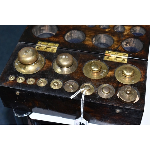 448 - TWO CASED SETS OF BRASS WEIGHTS, the lighter wooden case contains weights from 500g to 10mg, with tw... 