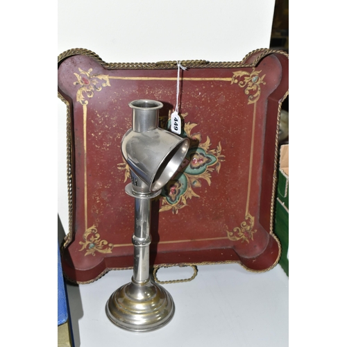 449 - A 20TH CENTURY TWIN HANDLED PAINTED METAL TRAY AND A HOODED CANDLE READING LAMP, the tray of shaped ... 