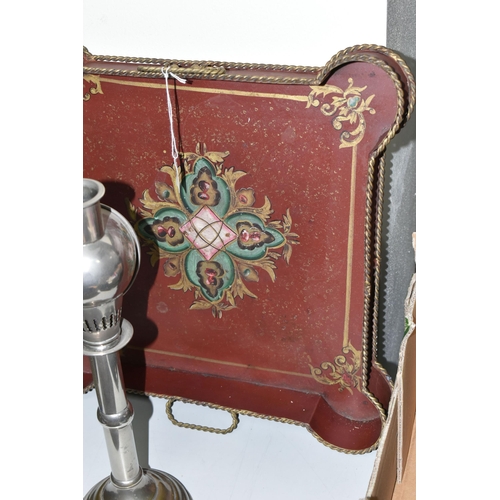 449 - A 20TH CENTURY TWIN HANDLED PAINTED METAL TRAY AND A HOODED CANDLE READING LAMP, the tray of shaped ... 