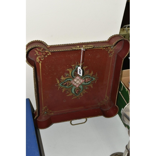 449 - A 20TH CENTURY TWIN HANDLED PAINTED METAL TRAY AND A HOODED CANDLE READING LAMP, the tray of shaped ... 