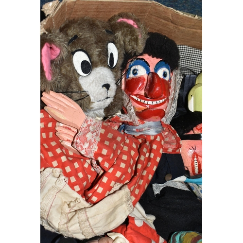 457 - A BOX OF PUNCH AND JUDY AND OTHER PUPPETS, to include two Punch puppets, Judy, Policeman, Hangman, W... 