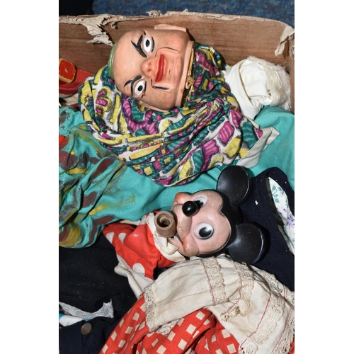 457 - A BOX OF PUNCH AND JUDY AND OTHER PUPPETS, to include two Punch puppets, Judy, Policeman, Hangman, W... 