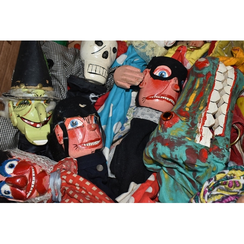 457 - A BOX OF PUNCH AND JUDY AND OTHER PUPPETS, to include two Punch puppets, Judy, Policeman, Hangman, W... 