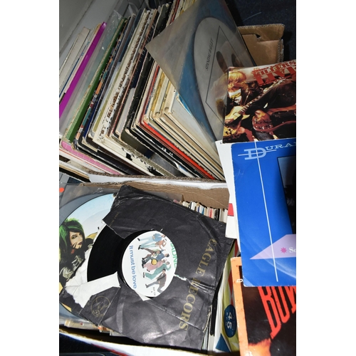 459 - TWO BOXES OF RECORDS, to include over one hundred singles by artists including REM, Duran Duran, Sio... 