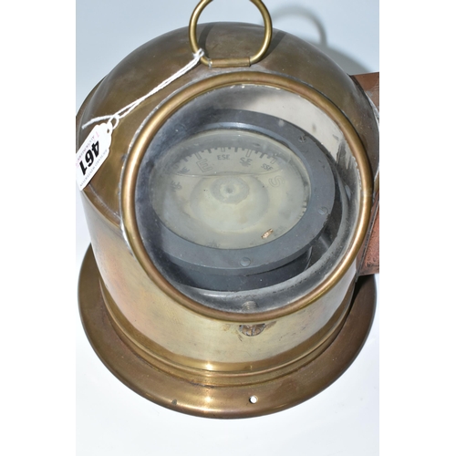 461 - A BRASS AND COPPER CASED BINNACLE COMPASS, the brass case with glass viewing window and copper cased... 