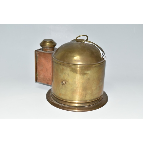 461 - A BRASS AND COPPER CASED BINNACLE COMPASS, the brass case with glass viewing window and copper cased... 