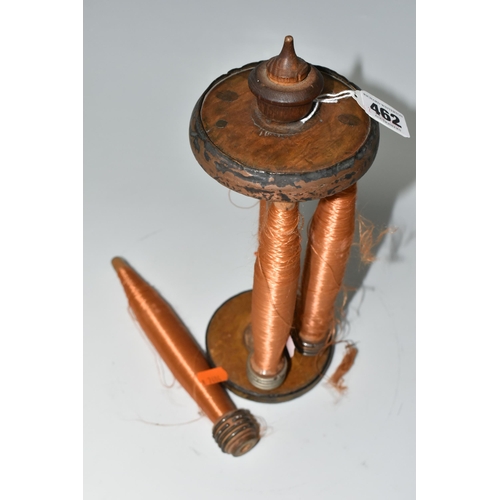 462 - A WOODEN BOBBIN WITH FOUR SPINDLES OF THREAD, the bobbin is stamped 'Cromer' at one end, height 28cm... 