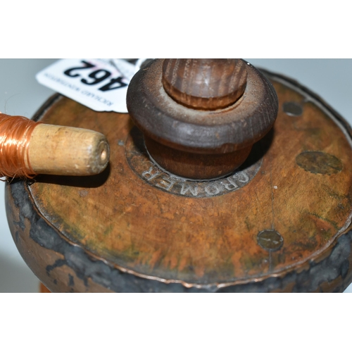 462 - A WOODEN BOBBIN WITH FOUR SPINDLES OF THREAD, the bobbin is stamped 'Cromer' at one end, height 28cm... 