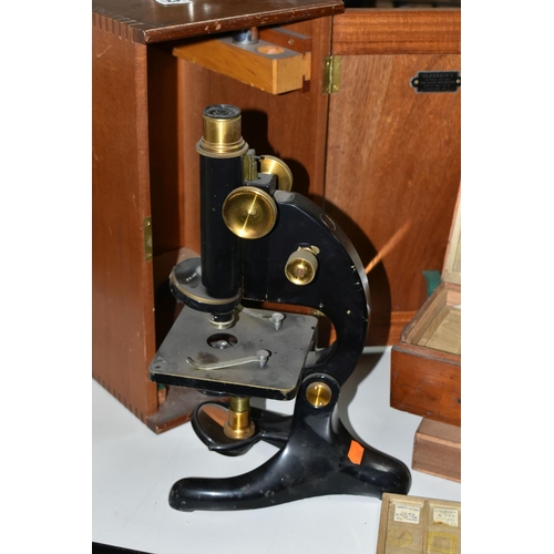 463 - A CASED MICROSCOPE AND VINTAGE PREPARED SLIDES, comprising a B & J Beck Ltd cased microscope, and tw... 