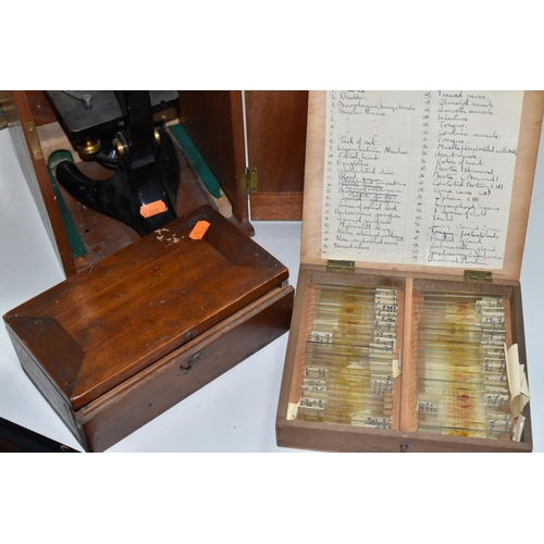 463 - A CASED MICROSCOPE AND VINTAGE PREPARED SLIDES, comprising a B & J Beck Ltd cased microscope, and tw... 