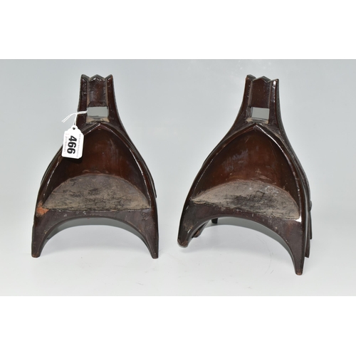 466 - A PAIR OF WOODEN STIRRUPS, carved with patterns, each with six wooden 'legs', approximate measuremen... 