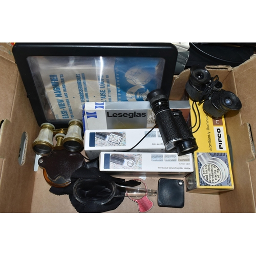 467 - TWO BOXES OF PHOTOGRAPHIC AND OPTICAL EQUIPMENT, to include a cased Fujifilm Fine Pix S6500 fid came... 