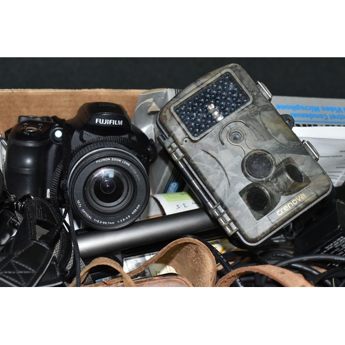 467 - TWO BOXES OF PHOTOGRAPHIC AND OPTICAL EQUIPMENT, to include a cased Fujifilm Fine Pix S6500 fid came... 