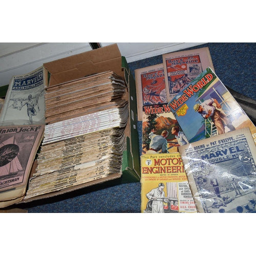 468 - THREE BOXES OF BOOKS & MAGAZINES comprising seven editions of The Victor Book for Boys, 1966, 1967, ... 