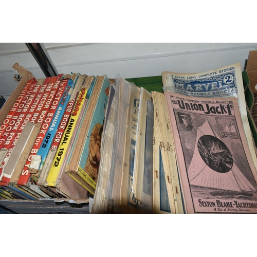 468 - THREE BOXES OF BOOKS & MAGAZINES comprising seven editions of The Victor Book for Boys, 1966, 1967, ... 