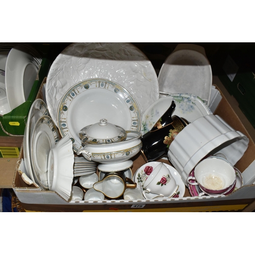 475 - FOUR BOXES OF ASSORTED TEA AND DINNER WARES ETC, to include Colclough cups and saucers, Soho pottery... 