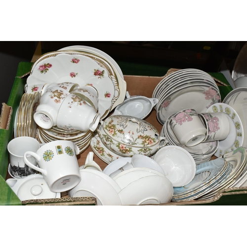 475 - FOUR BOXES OF ASSORTED TEA AND DINNER WARES ETC, to include Colclough cups and saucers, Soho pottery... 