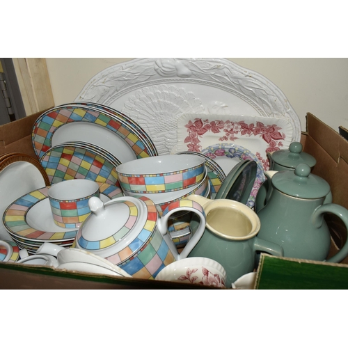 475 - FOUR BOXES OF ASSORTED TEA AND DINNER WARES ETC, to include Colclough cups and saucers, Soho pottery... 