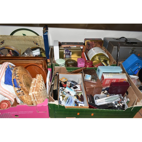 476 - FOUR BOXES AND LOOSE ASSORTED SUNDRY ITEMS, to include modern confectionery tins, bottle openers, Sp... 