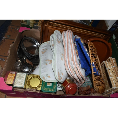 476 - FOUR BOXES AND LOOSE ASSORTED SUNDRY ITEMS, to include modern confectionery tins, bottle openers, Sp... 