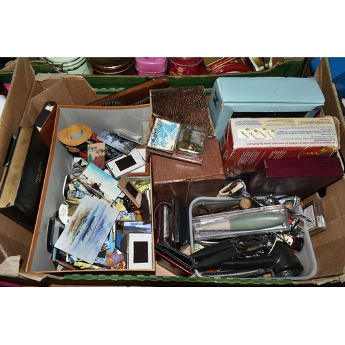 476 - FOUR BOXES AND LOOSE ASSORTED SUNDRY ITEMS, to include modern confectionery tins, bottle openers, Sp... 