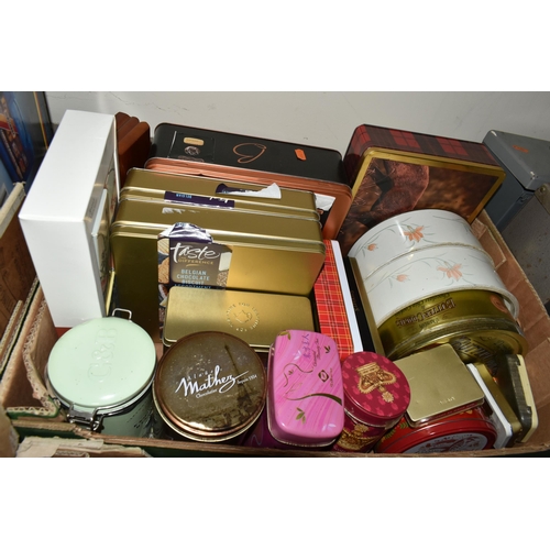 476 - FOUR BOXES AND LOOSE ASSORTED SUNDRY ITEMS, to include modern confectionery tins, bottle openers, Sp... 